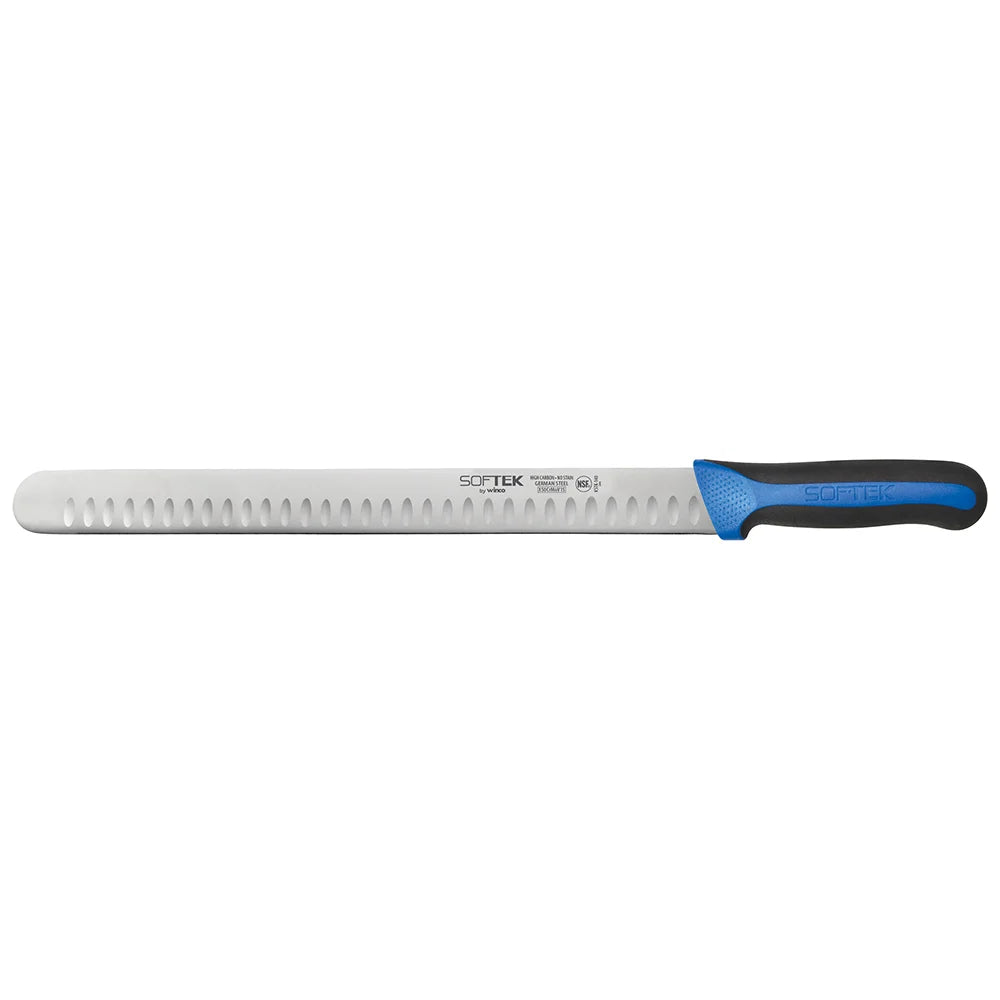 Winco KSTK-140 Sof-Tek 14" High Carbon German Steel Hollow Ground Slicing Knife with Black / Blue TPR Handle