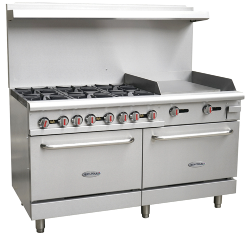 Serv-Ware SGR-6B-24G Serv-Ware - Gas Cooking - 60" Gas Range with Six (6) Open Burners & 24" Griddle - Natural Gas - Dimensions: 60" W x 32.6" D x 60" H - Temperature Range: 250°F – 550°F - BTU/H: 30