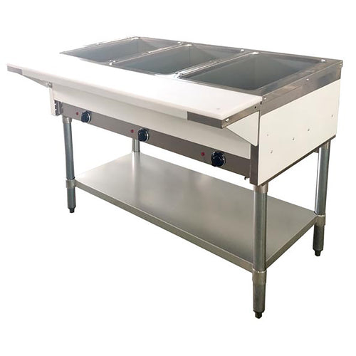 Omcan USA 46574 44-inch Electric Open Well Steam Table with 3 Pan Size Tray, Cutting Board and Under-shelf