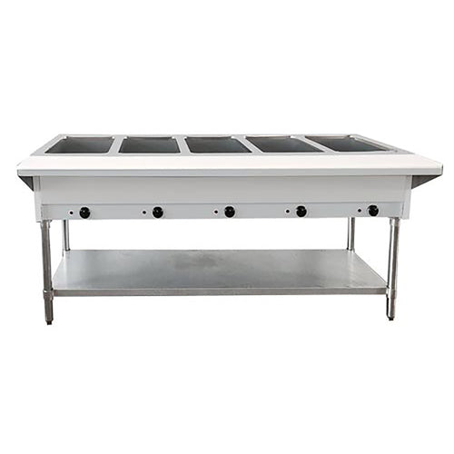 Omcan USA 46648 72-inch Electric Steam Table with 5 Pan Size Tray, Cutting Board and Under-shelf