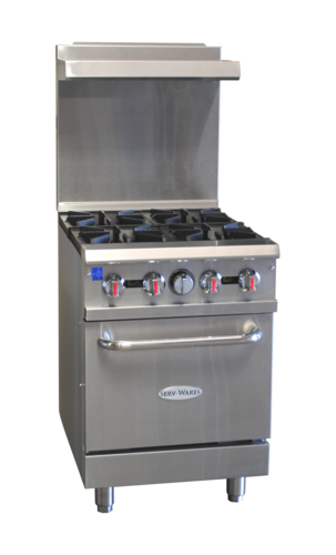 Serv-Ware SGR-4B Serv-Ware - Gas Cooking - 24" Gas Range with Four (4) Open Burners - Dimensions: 24" W x 32.6" D x 60" H - Temperature Range: 250°F – 550°F - BTU/H: 30