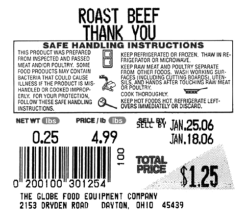 Globe (Middleby) E13 Ingredient Labels