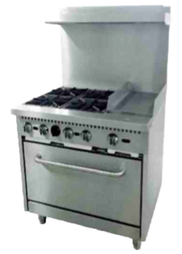 Serv-Ware SGR-4B-12G Serv-Ware - Gas Cooking - 36" Range with Four (4) Open Burners & 12" Griddle - Dimensions: 36" W x 32.6" D x 60" H - Temperature Range: 250°F – 550°F - BTU/H: 30