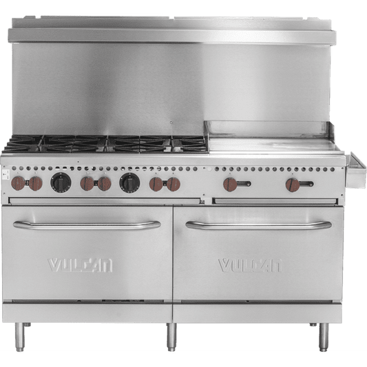 Vulcan SX60F-6B24GN SX Series Stainless Steel 60" Natural Gas Range 6-28,000 BTU Burners with 24" Griddle and Standard Oven