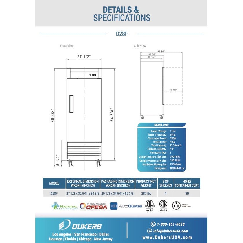 Dukers D28F Single Door Commercial Freezer in Stainless Steel