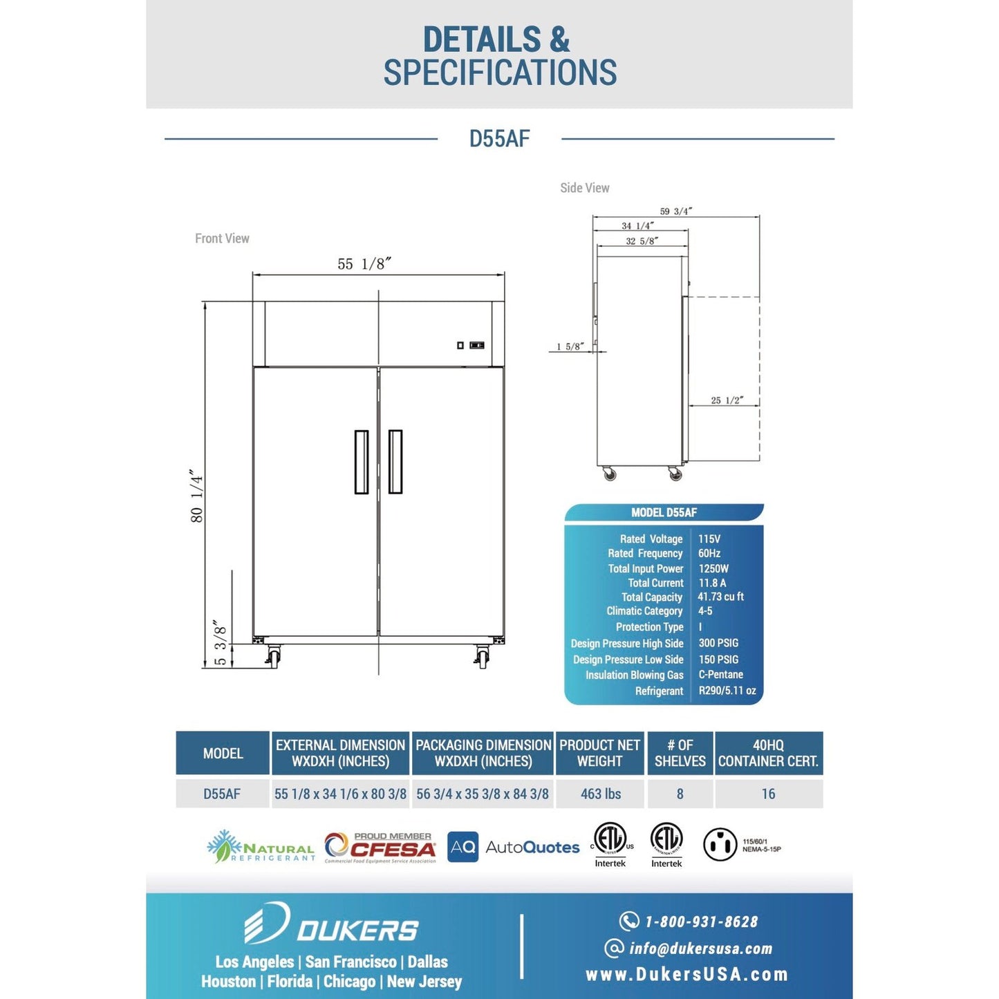 Dukers D55AF Commercial 2-Door Top Mount Freezer in Stainless Steel