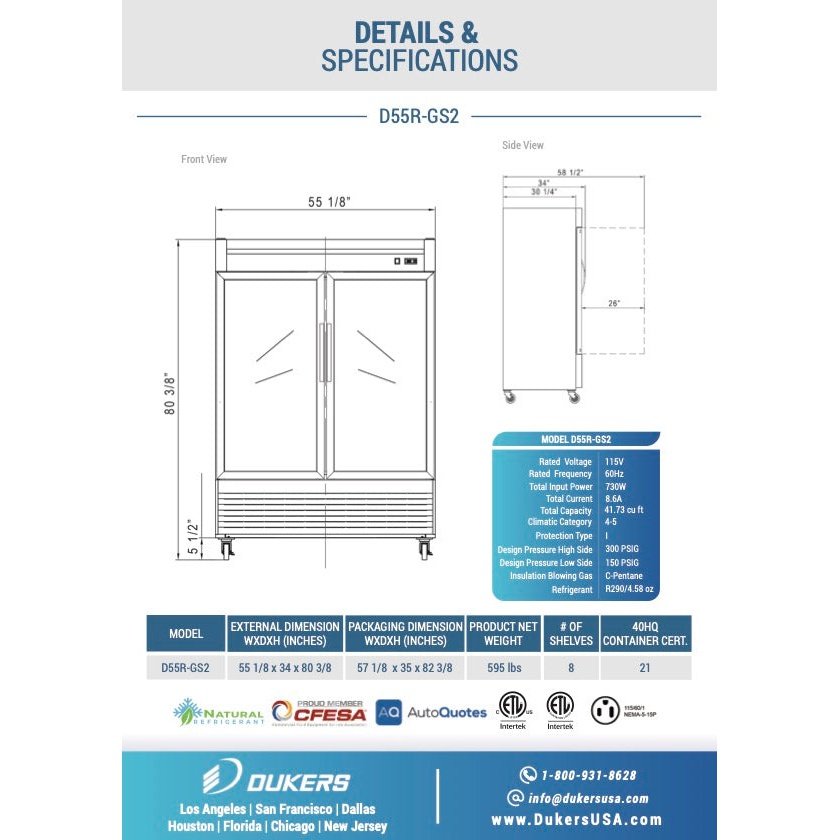 Dukers D55R-GS2 Bottom Mount Glass 2-Door Commercial Reach-in Refrigerator