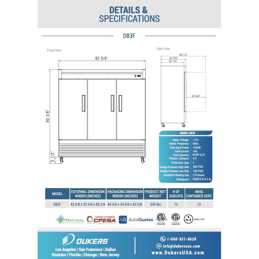 Dukers D83F 3-Door Commercial Freezer in Stainless Steel