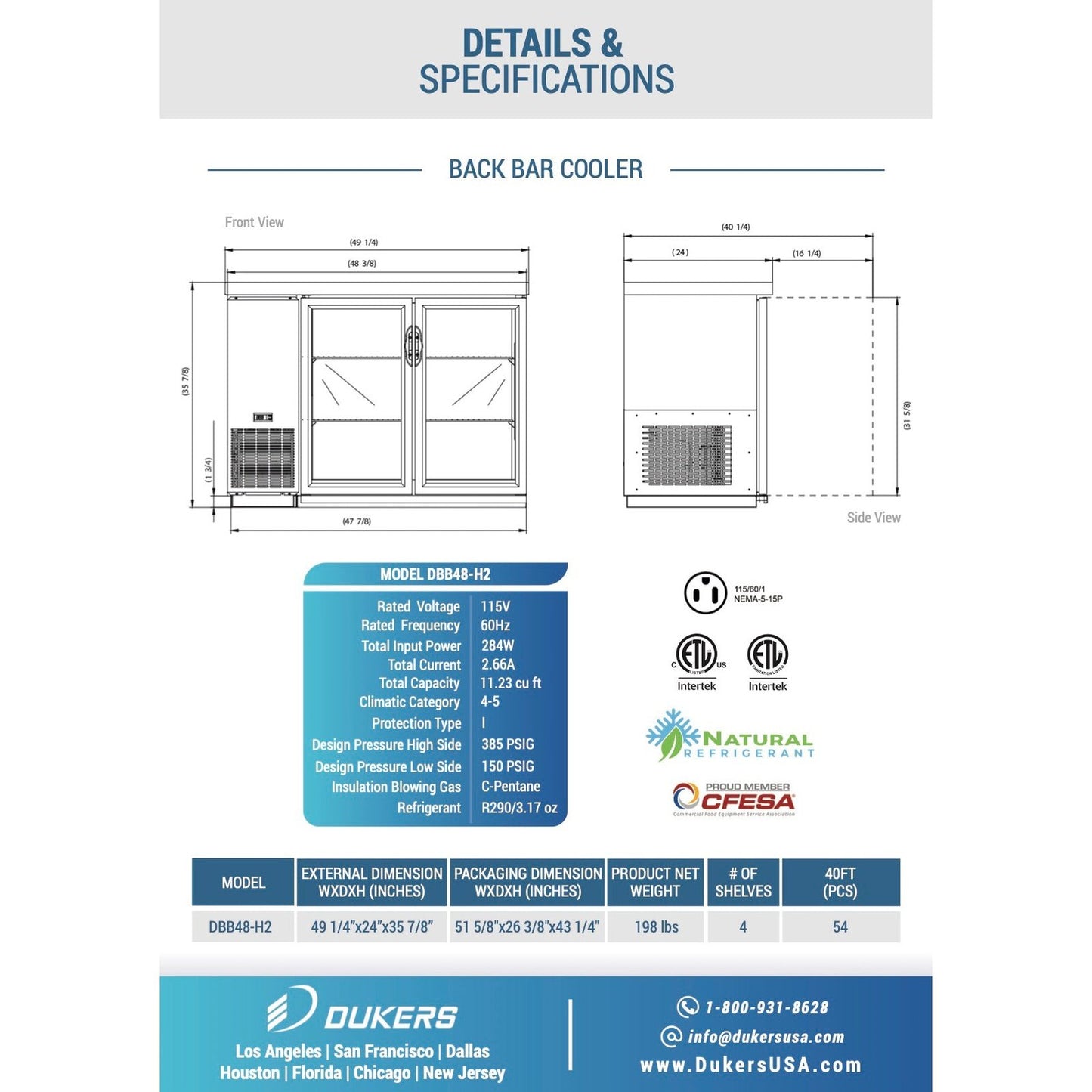 Dukers DBB48-H2 2-Door Bar and Beverage Cooler Hinge Doors