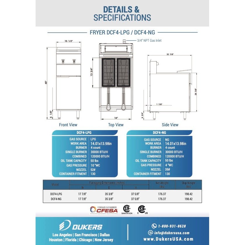 Dukers DCF4-NG Natural Gas Fryer with 4 Tube Burners