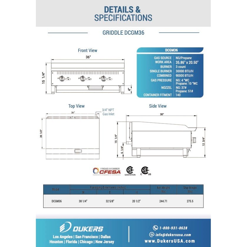 Dukers DCGM36 36 in. W Griddle with 3 Burners
