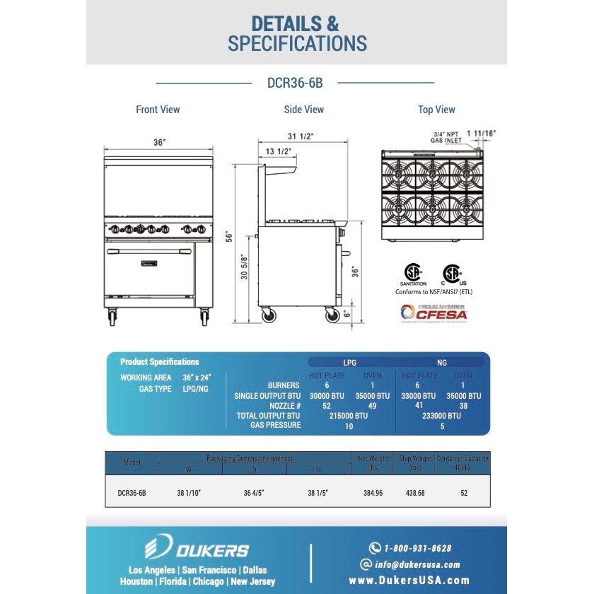 Dukers DCR36-6B 36″ Gas Range with Six 6 Open Burners