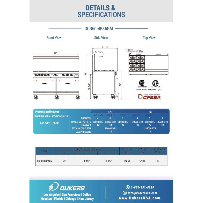 Dukers DCR60-4B36GM 60″ Gas Range with Four 4 Open Burners & 36″ Griddle