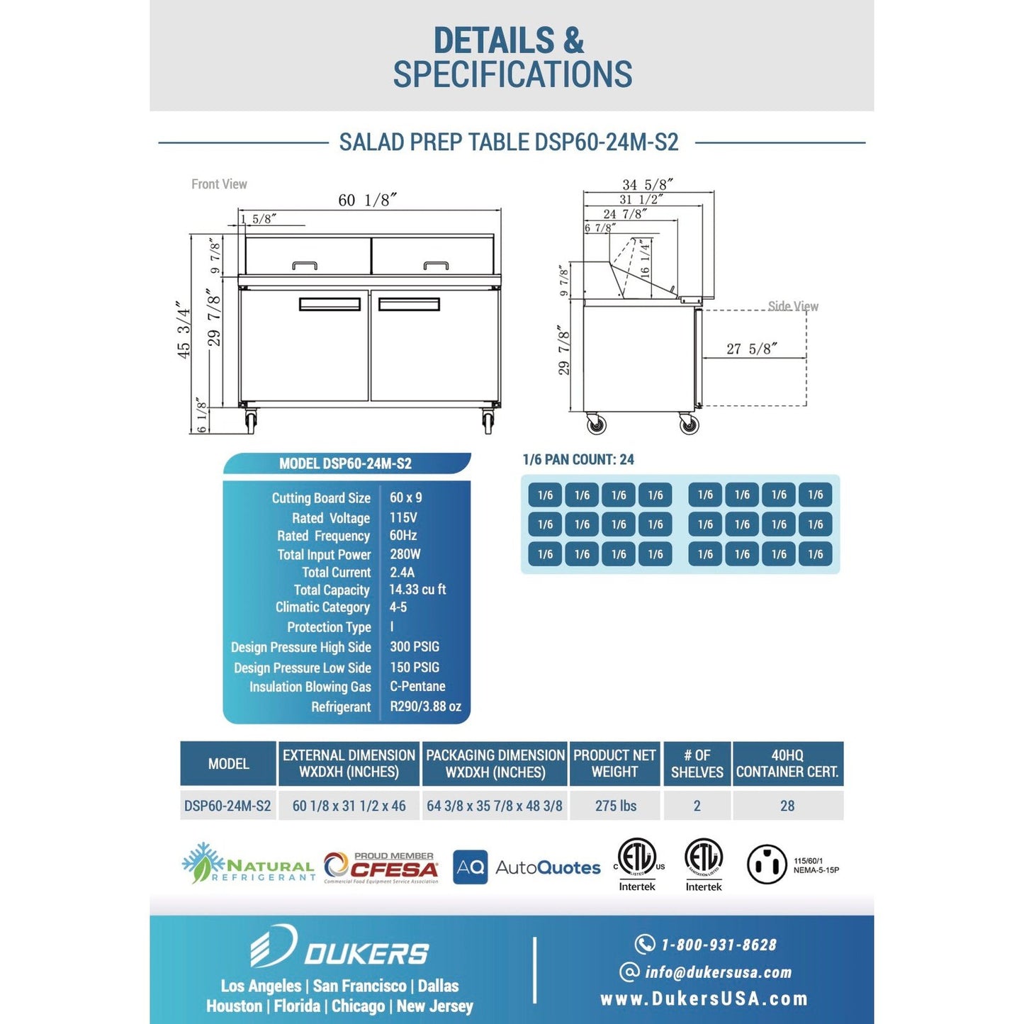 Dukers DSP60-24M-S2 2-Door Commercial Food Prep Table Refrigerator in Stainless Steel with Mega Top