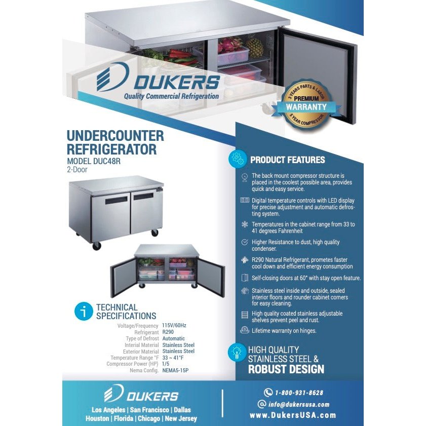 Dukers DUC48R 2-Door Undercounter Refrigerator in Stainless Steel