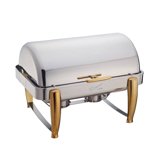 Winco 101A Virtuoso 8 Qt. Full Size Roll Top Gold Trim Chafer