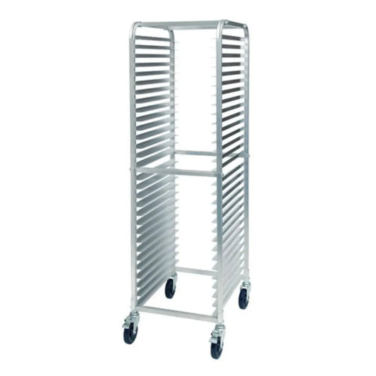 Winco ALRK-30BK Aluminum 30-Tier End-Load Sheet Pan Rack Knocked Down with Brakes
