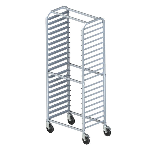 Winco ALRS-20BK 70 1/4" x 29" x 18" Aluminum 20-Tier Side Load Sheet Pan Rack with Brakes