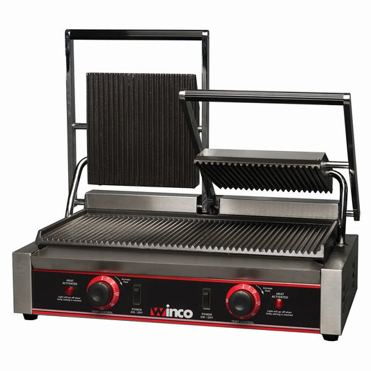 Winco EPG-2 Double Commercial Panini Press w/ Cast Iron Grooved Plates