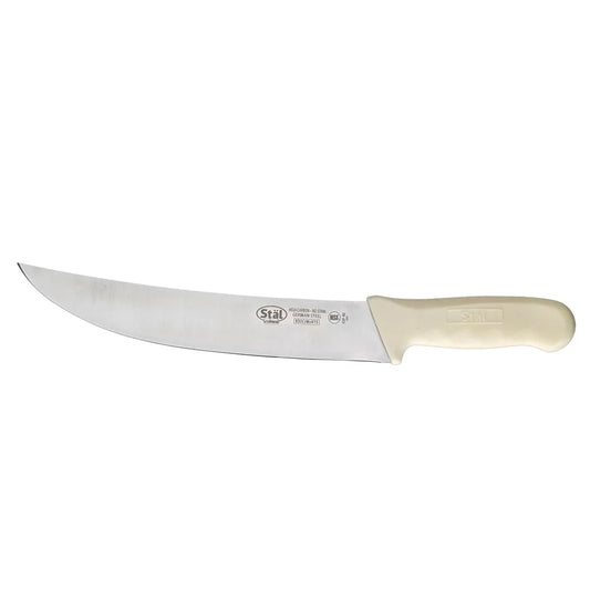 Winco KWP-90 Stal 9-1/2" High Carbon Steel Cimeter Steak Knife with White Polypropylene Handle