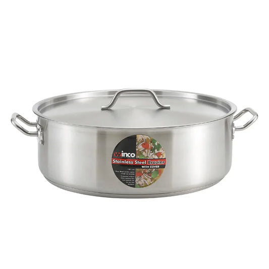 Winco SSLB-10 10 Qt. 11.69" x 5.5" Stainless Steel Brazier with Cover and Tri-Ply Bottom
