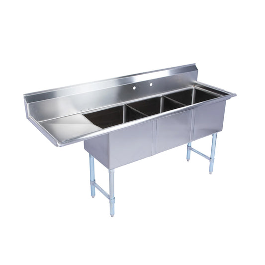 Armor 75" 18-Gauge Stainless Steel Three Compartment Commercial Sink with Right or Left Drainboard - 18" x 18" x 12" Bowls