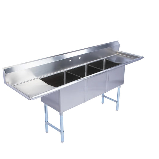 Armor 90" 18-Gauge Stainless Steel Three Compartment Commercial Sink with Right & Left Drainboards - 18" x 18" x 12" Bowls