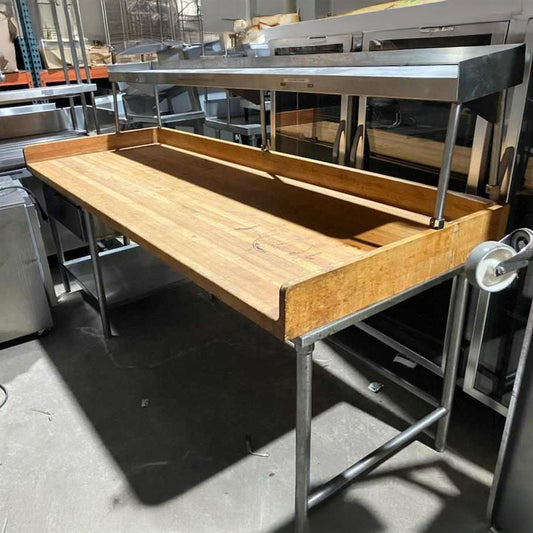 [USED] Wood Butcher Block Top (96" x 36") Stainless Steel Table w/ Backsplash & Overshelf