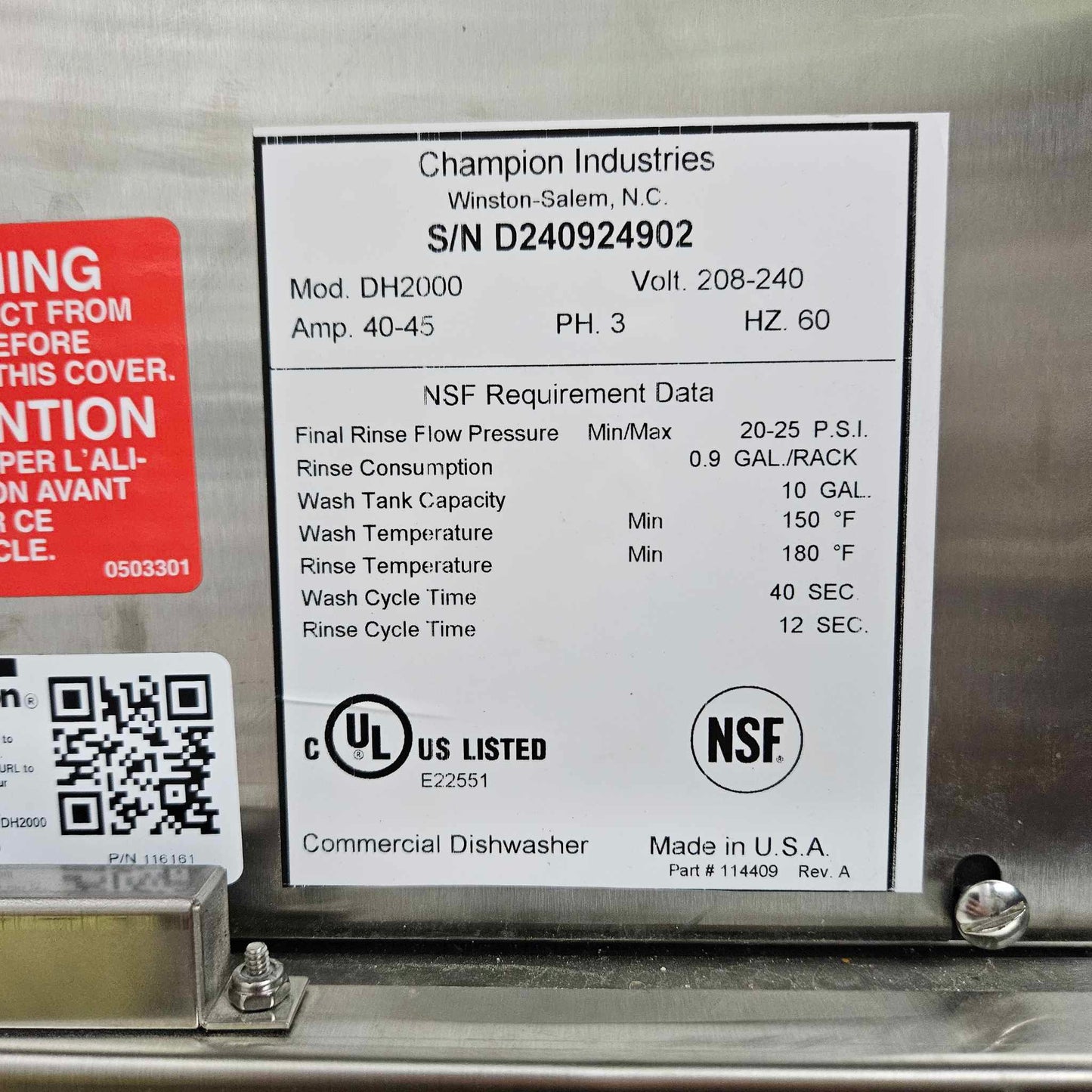 Champion DH-2000 Versa-Clean High Temp Door Type Dishwasher [OPEN-BOX]