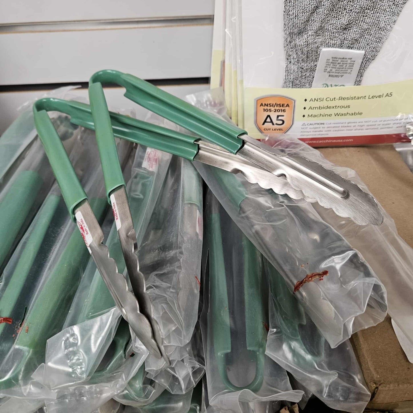 12" Stainless Steel Scalloped Tongs with Green Handle