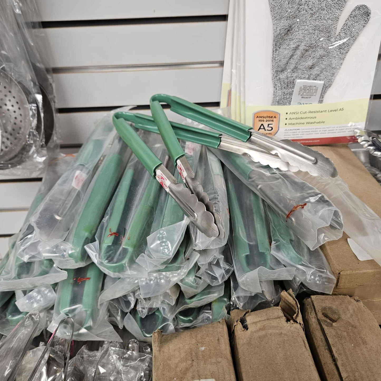 12" Stainless Steel Scalloped Tongs with Green Handle