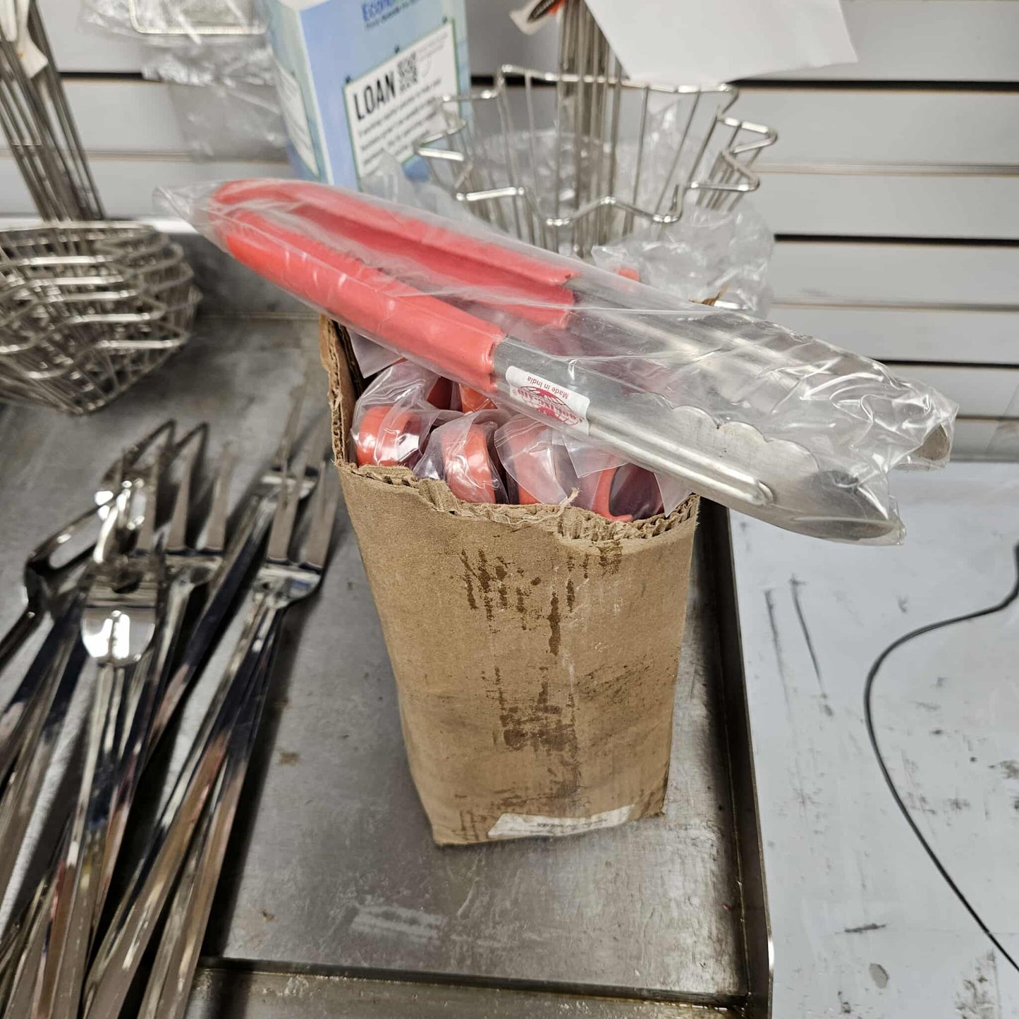 12" Stainless Steel Scalloped Tongs with Red Handle