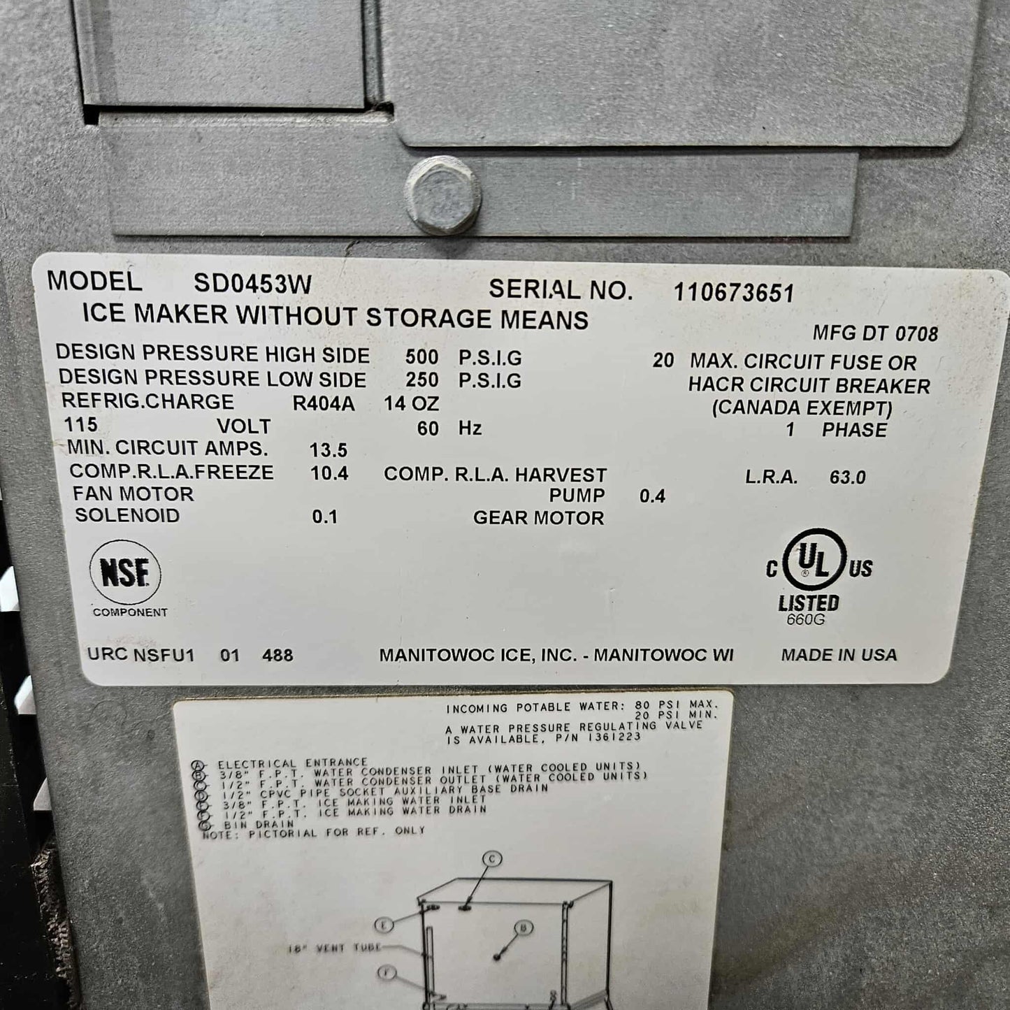 [USED] Manitowoc SD0453W Water Cooled Cubed Ice Machine - 460lb/24hr (NO BIN)