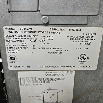 [USED] Manitowoc SD0453W Water Cooled Cubed Ice Machine - 460lb/24hr (NO BIN)