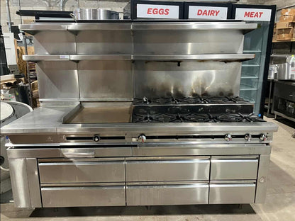 [USED] Jade Range 84" 8 Burner Step Up Range & 24" Griddle w/ Remote Refrigerated Chef Base