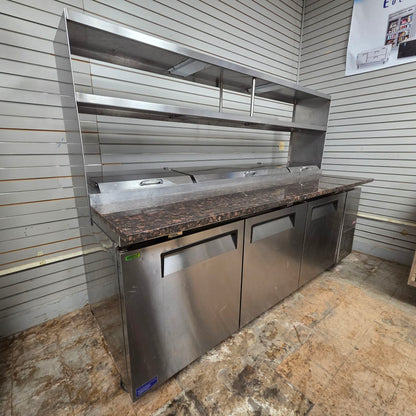 [USED] Turbo Air TPR-93SD-N 93" Refrigerated Pizza Prep Table w/ Granite Counter & Double Overshelf