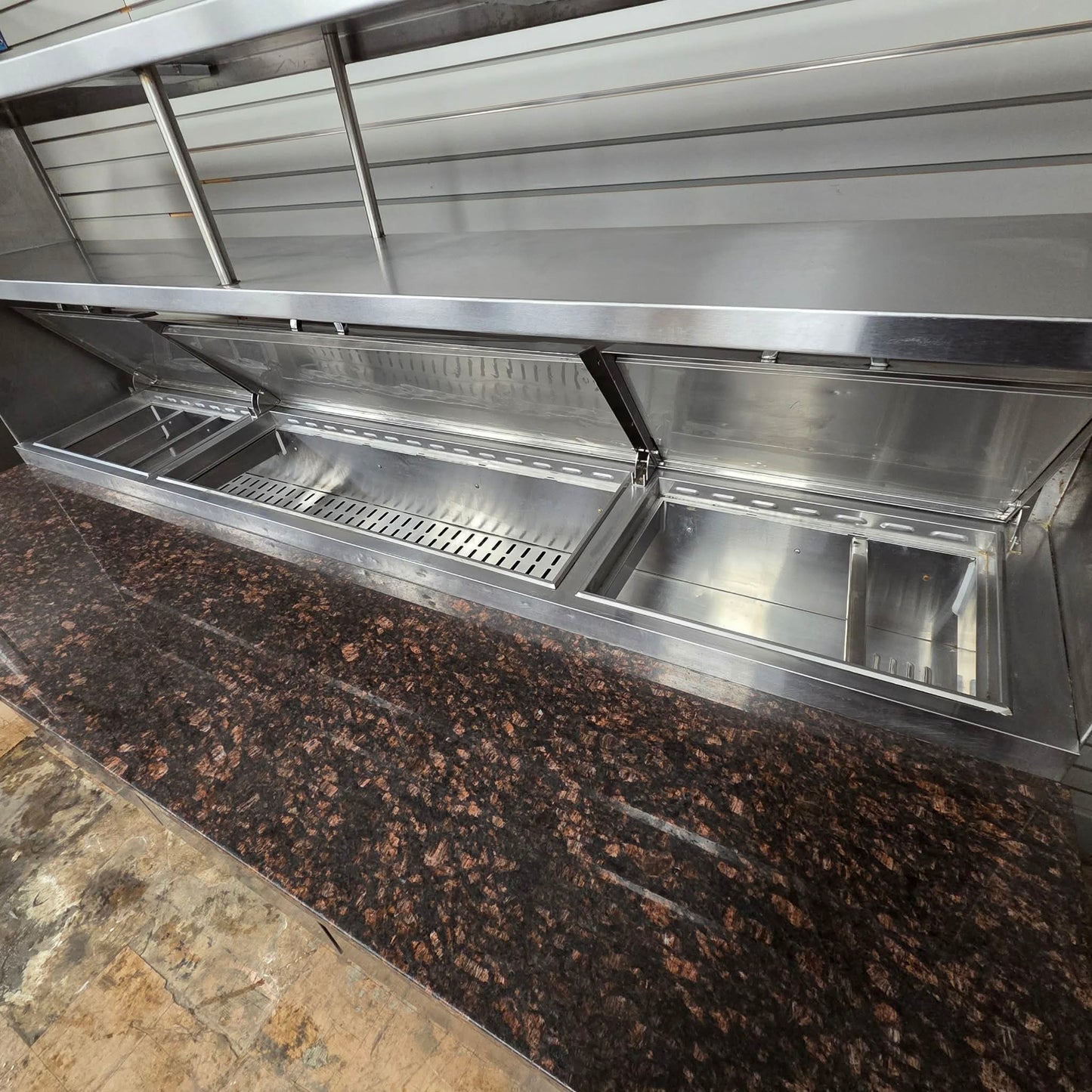 [USED] Turbo Air TPR-93SD-N 93" Refrigerated Pizza Prep Table w/ Granite Counter & Double Overshelf