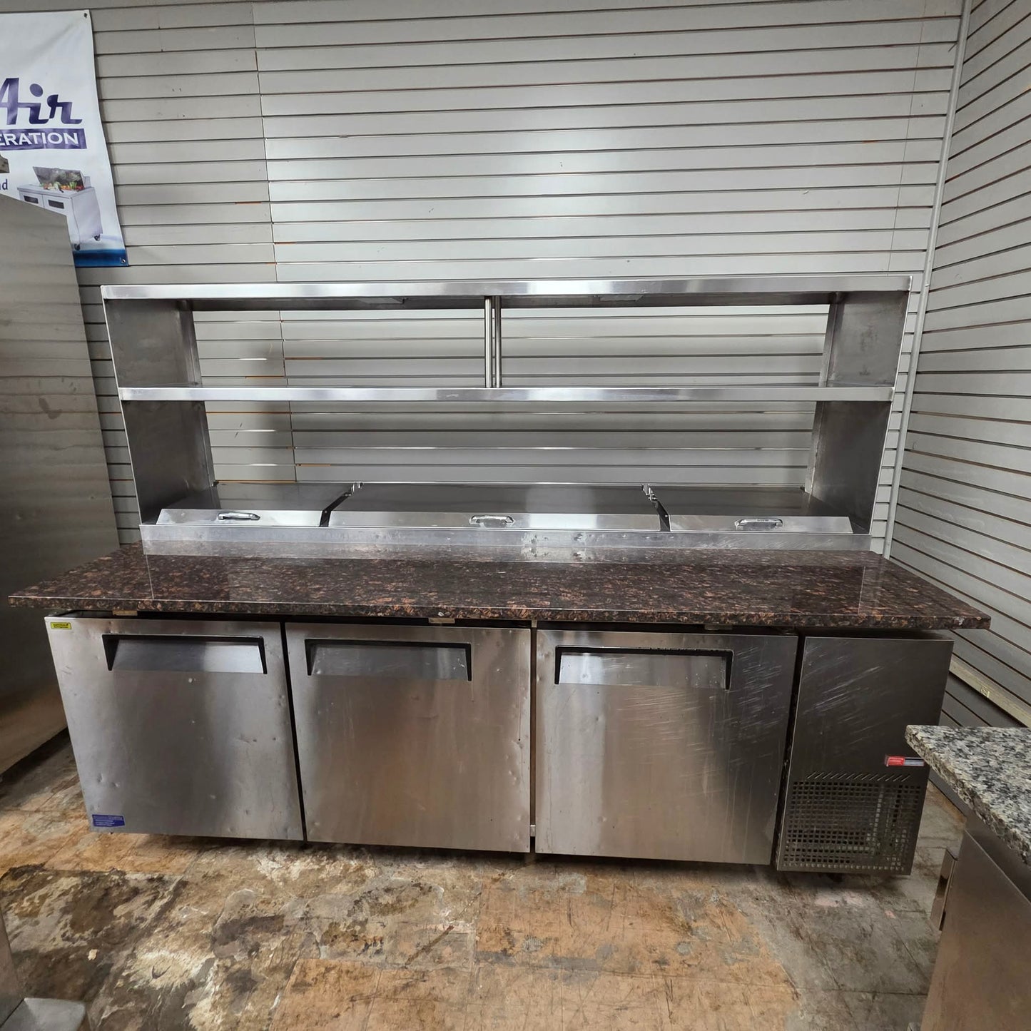 [USED] Turbo Air TPR-93SD-N 93" Refrigerated Pizza Prep Table w/ Granite Counter & Double Overshelf