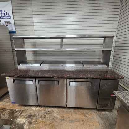 [USED] Turbo Air TPR-93SD-N 93" Refrigerated Pizza Prep Table w/ Granite Counter & Double Overshelf