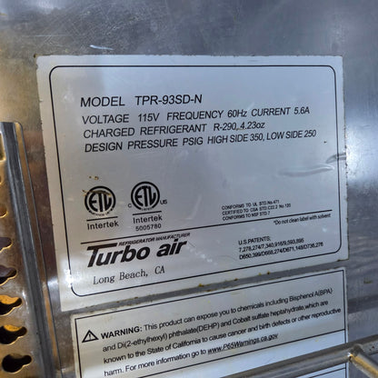 [USED] Turbo Air TPR-93SD-N 93" Refrigerated Pizza Prep Table w/ Granite Counter & Double Overshelf