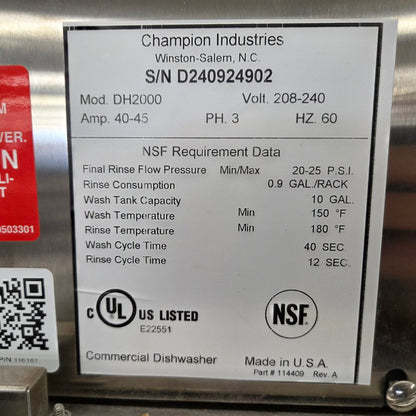 Champion DH-2000 Versa-Clean High Temp Door Type Dishwasher [OPEN-BOX]