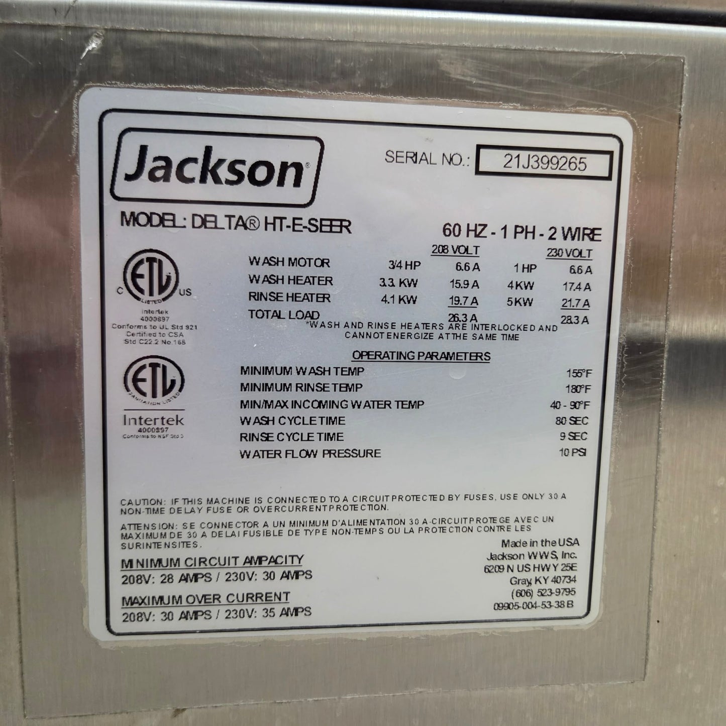 [USED] Jackson DELTA HT-E-SEER High Temp Rack Undercounter Glass Washer - 208V/1PH
