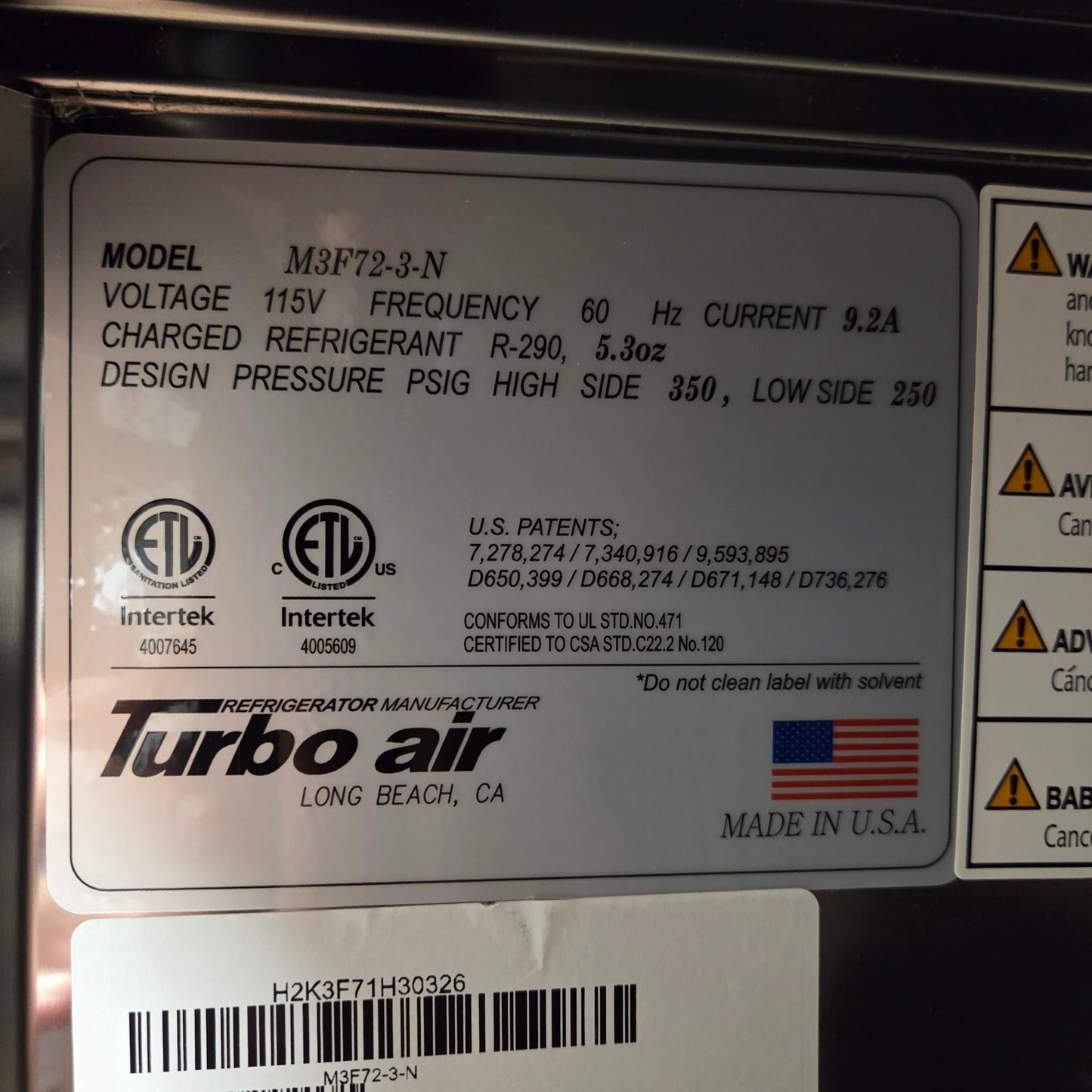 Turbo Air M3F72-3-N M3 Series 78" Solid Door Reach In Freezer [OPEN-BOX]