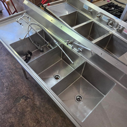 [USED] 102" 3 Compartment Stainless Steel Sink w/ Drainboards (18" x 24" Bowl Size)