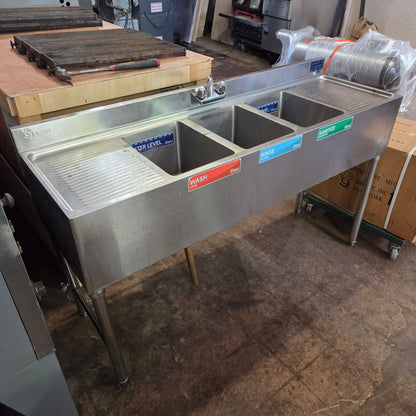 [USED] 60" 3 Compartment Stainless Steel Underbar Sink w/ Drainboards (10" x 14" Bowl Size)