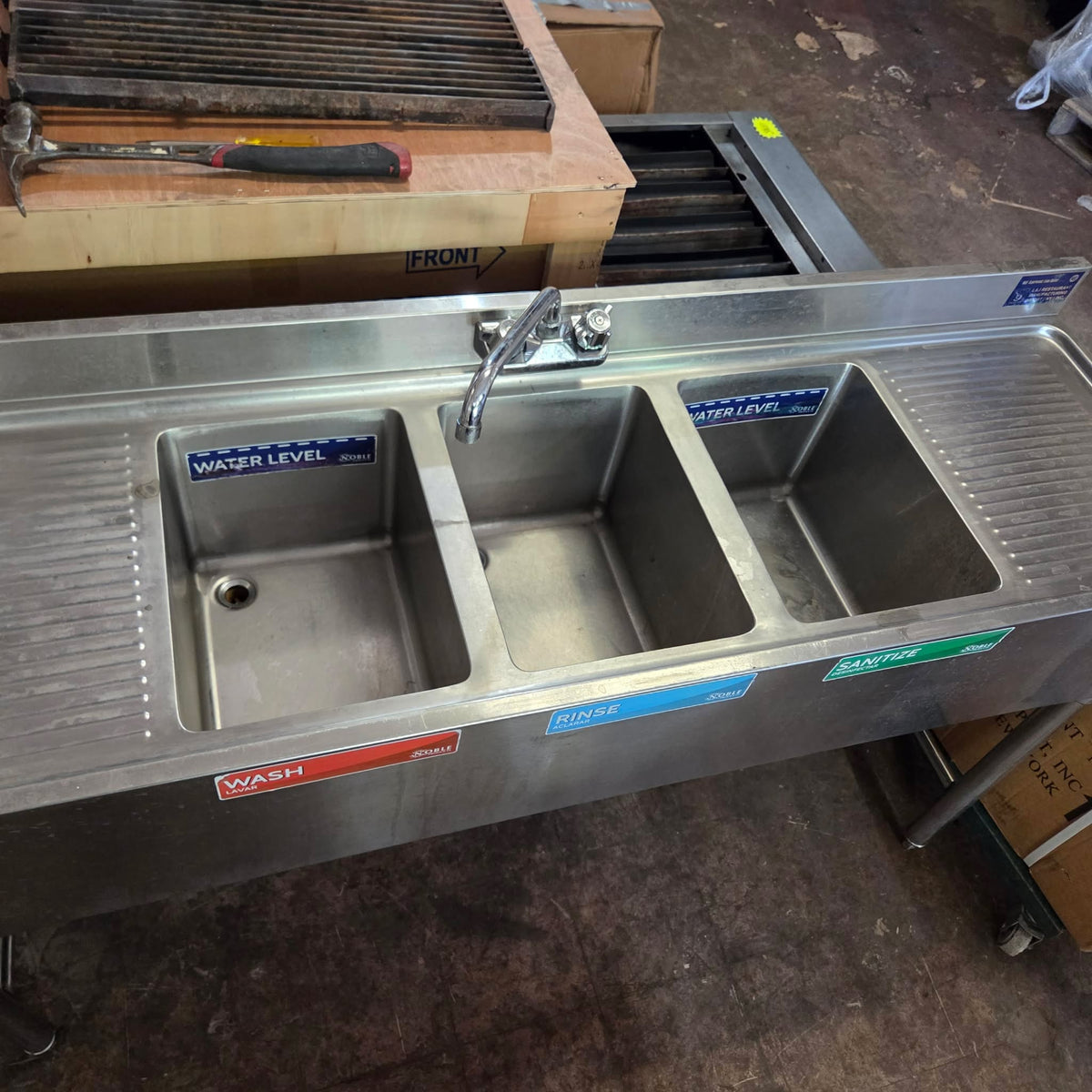 [USED] 60" 3 Compartment Stainless Steel Underbar Sink w/ Drainboards (10" x 14" Bowl Size)
