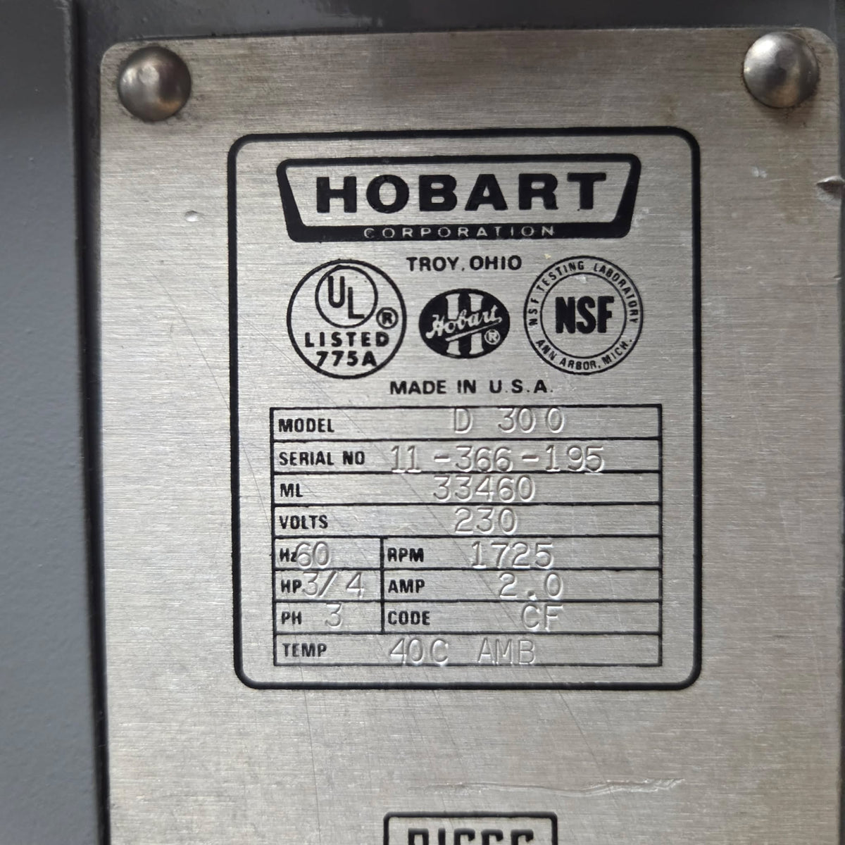 [USED] Hobart D-300 30 Qt. Dough Mixer - 230V/3Ph
