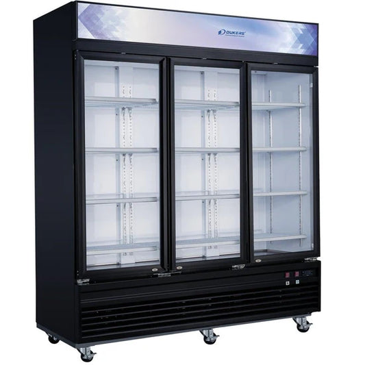 Dukers DSM-69F Commercial Glass Swing 3-Door Merchandiser Freezer