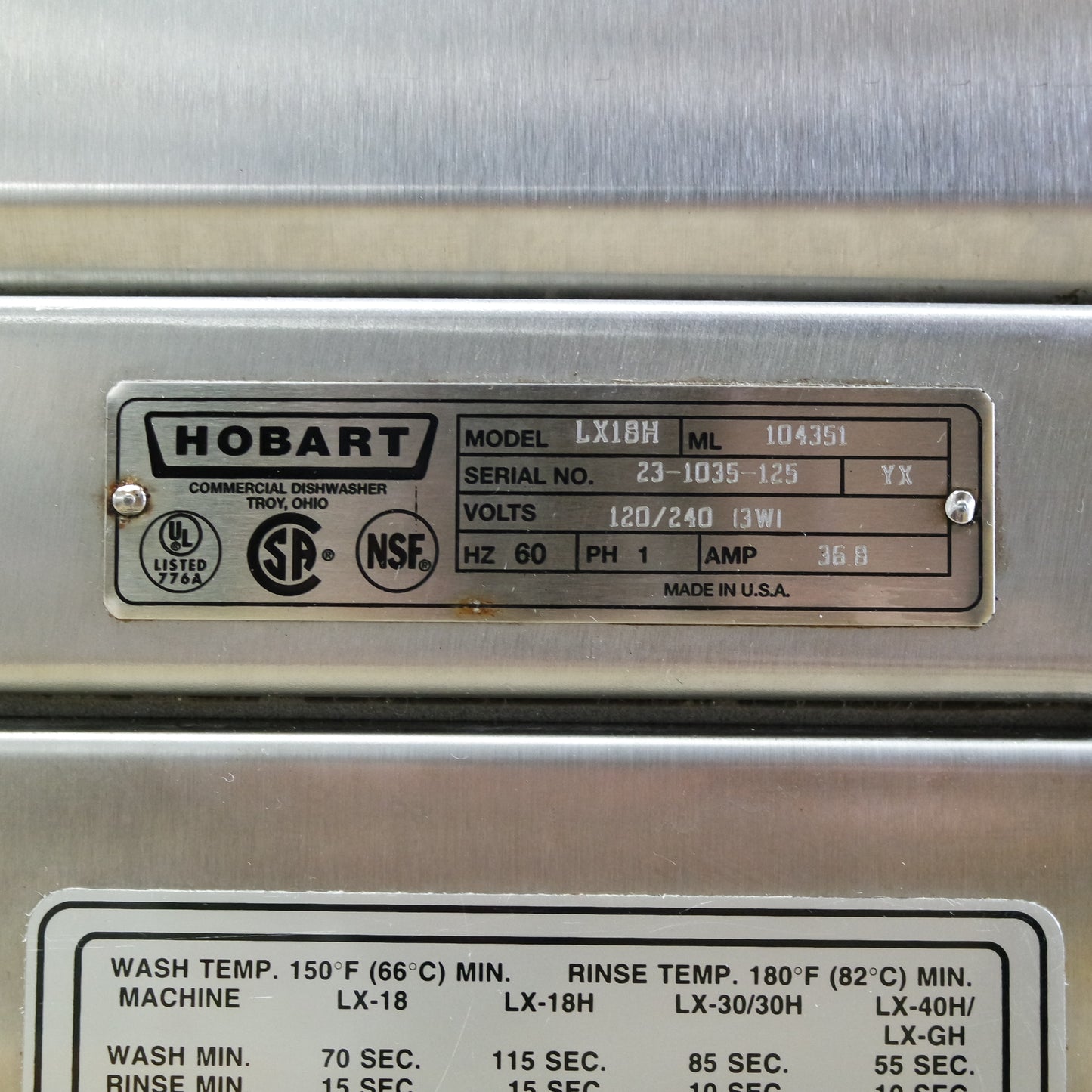 [USED] Hobart LX18H High Temp Undercounter Dishwasher - 120/240V