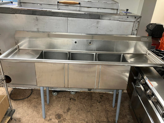 [USED] Stainless Steel 3 Compartment Sink w/ Left & Right Drain Boards (74" W x 21" D)